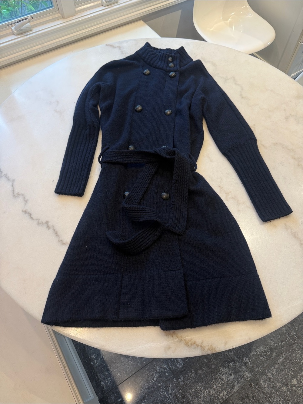 Vince Navy Double-Breasted long alpaca wool blend Knit belted Cardigan